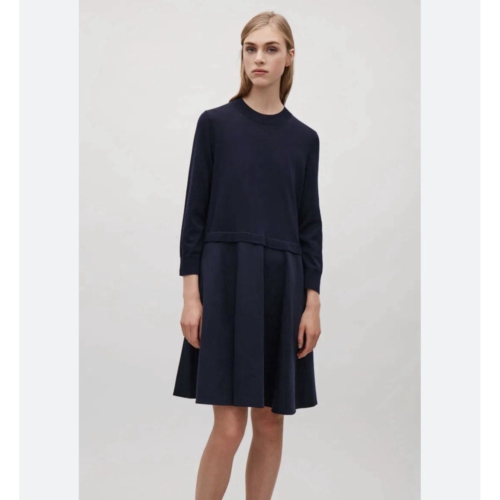 COS Knitted Dress Womens Sz Small Navy Blue Crew Neck Minimalist Quiet Luxury